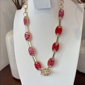 Laura Ford Oval Red w/gold multi color metallic flecks necklace,post earrings